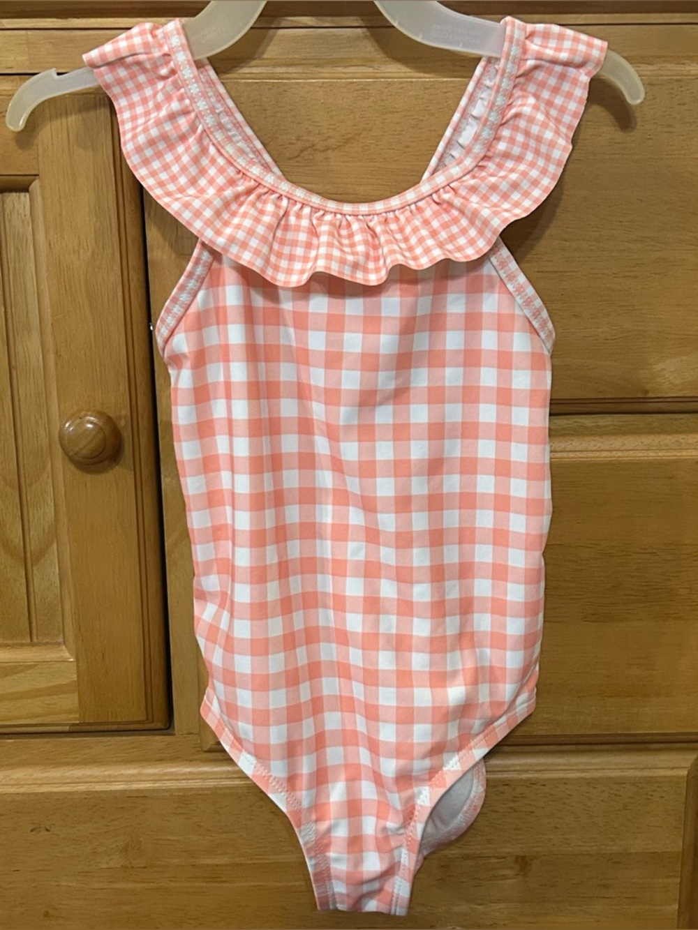 Carter's Beautiful Peach and White Checked Swimsuit w/Ruffles & Bow Size 3T EUC